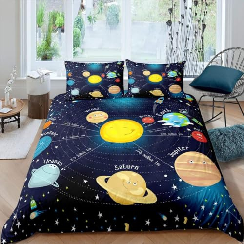 Homewish Housse de Couette de l'espace 220x240, Parure de Lit Ciel Étoilé pour Enfant Garçon Fille, Ensemble de Literie Planète Galaxie Espace, Décoration de Chambre Bleue, 2 Taies d'oreiller