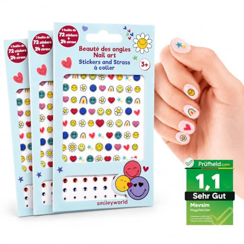 [ Test SEHR GUT, Note 1.1 *] Smiley Nagelsticker Kinder 2er Set – Selbstklebend Nail Sticker für Mädchen – Für Nageldesign, Press On Nails & Nägel zum Aufkleben geeignet – 144 Sticker & 48 Strass