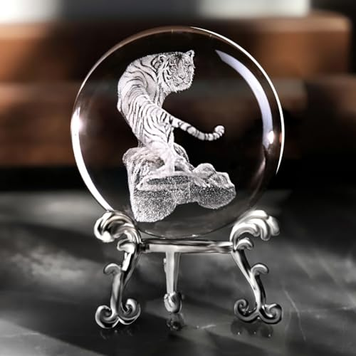 IFOLAINA 3D-Tiger-Kristallkugel, 6,1 cm, mit Ständer, Glas-Lasergravur, Tigerkugel, dekorative Glaskugel, Briefbeschwerer für Zuhause und Büro