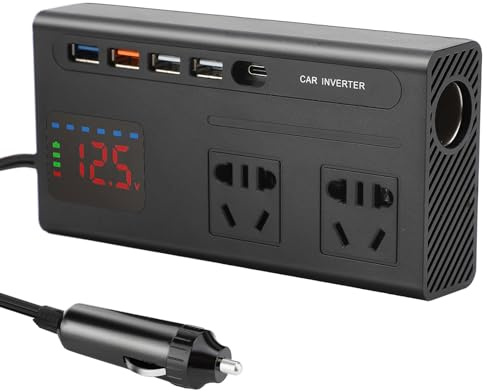 Inversor Convertidor 12v 220v De Corriente Versátil para Coche De 200 W, con Gran Pantalla Digital, Interfaz Tipo C, para Coche, Cámping, Phone,Tablet,Consolas Furgoneta