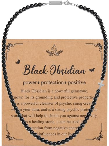 Zysta Herren Halskette Obsidian Edelstein Kette 6mm Perlenkette Kristallkette Kreuz Kette Heilsteine Schmuck für Männer Frauen (Obsidian)