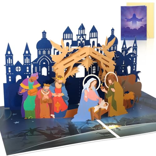 HOWAF Tarjetas Navidad 3D Nacimiento Belen Navidad Tarjetas Navideñas Pop Up, Tarjetas de Navidad Portal de Belen Felicitaciones Navideñas Christmas Cards con Sobres Navidad para Regalos Navidad