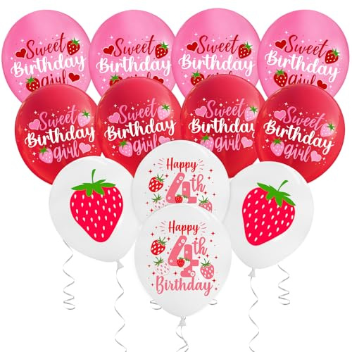 12-teiliges Erdbeer-Ballon-Set, rot, rosa, weiß, 30,5 cm, 4. Geburtstag, Partydekoration, Erdbeerparty für Mädchen, Kinder, Erwachsene, Geburtstag, Party, Hochzeit, Jahrestag, Feier, Dekorzubehör