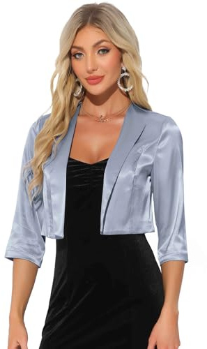 Allegra K Damen 3/4 Ärmel Festliche Satin Bolero Open Front Elegant Formal Shrug Jacke Grau L