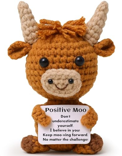 Mini Funny Highland Cow Crochet Gifts, Knitted Wool Cow Toy with Positive Card - Creative Cute Crochet Doll Emotional Support Cheer Up Keepsake Gift for Friends, Women, Student, Christmas (Cow)
