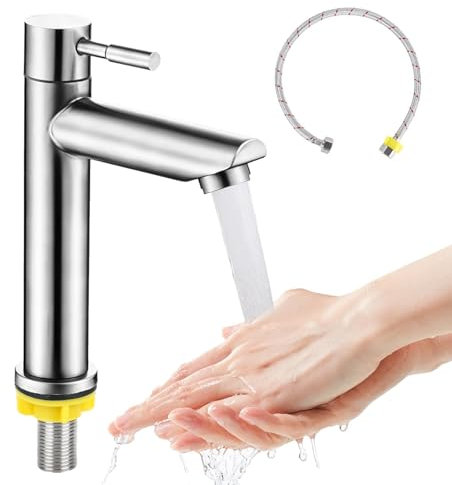 XCRPRT Rubinetto per acqua fredda in acciaio inox, rubinetto per lavabo, acqua fredda, miscelatore monocomando con tubo di collegamento da 60 cm, per ospiti, WC, bagno e cucina