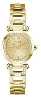 Guess Damen Armbanduhr GB Ginger mit Zirkonia, goldfarbenes Edelstahlarmband, Mineral Glas, goldfarbenes Ziffernblatt, 3 Bar, Gehäusedurchmesser: 30 mm, GW0869L4