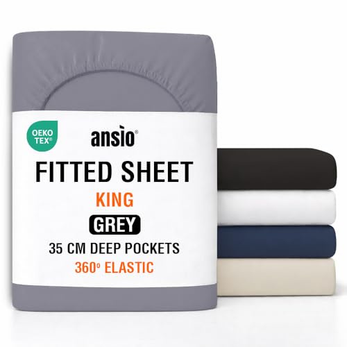 ANSIO® King Size Fitted Sheet Soft Brushed Microfibre Fabric – Deep Pocket 35cm – All-Around Elastic – OEKO-TEX Certified – Easy Care & Naturally Smooth After Wash - Grey