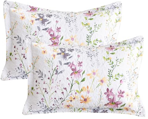 Sanracie Cotton King Size Pillow Shams Set of 2 (20X36), Flowers Printed Pillow Covers Soft Breathable Envelope Closure Quilted Bed Pillows