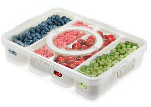 ZoeQide Snackbox mit Fächern für Kühlschrank – Lebensmittel Aufbewahrungsbox mit Deckel, große Frischhaltedose für Gemüse & Snacks, spülmaschinenfest, BPA-frei, 28×21×6,5 cm
