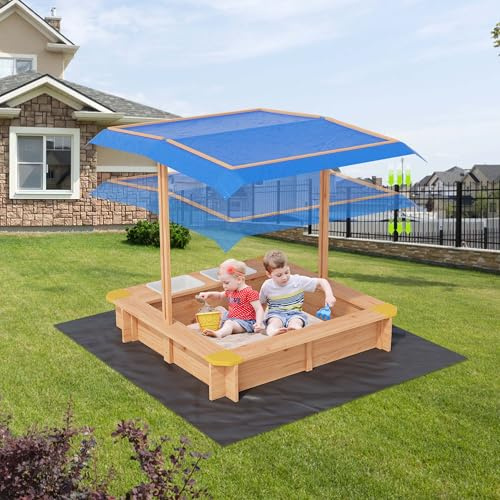 Outdoor Wooden Sandbox with Adjustable Canopy | Convertible Side Buckets | Rain & Sun Protection | Play Station | Includes Non-Woven Liner, for Backyards & Playgrounds