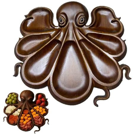 Bandeja de Charcutería con Forma de Pulpo,Tabla de Aperitivo con Tema Oceánico,Plato de Madera Reutilizable con 7 Compartimentos,para Queso,Frutos Secos,Frutas y Carnes