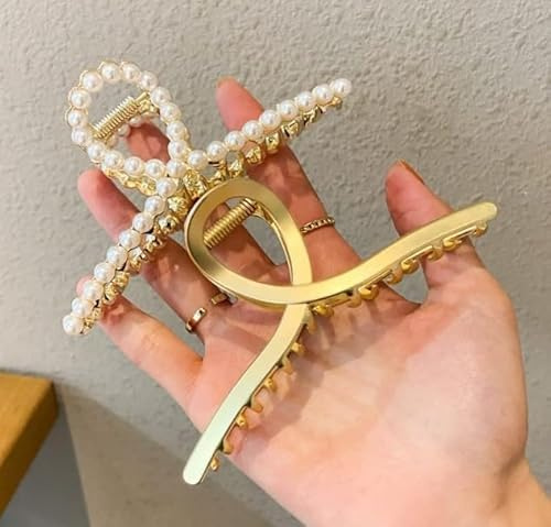 Haarklammern für Damen, matt, Gold und Perlen, große Metallclips mit Perlen für dickes Haar, rutschfeste Krabbenkrallen und starke Kreuz-Haarspangen, Haarschmuck, Haarpflege, 2 Stück