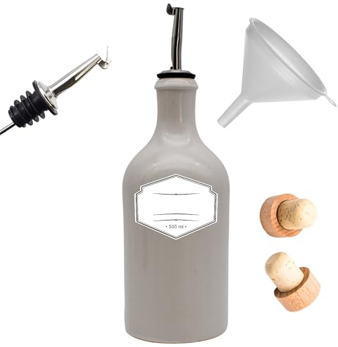 Generisch Ölflasche Keramik mit Edelstahl-Ausgießer 500 ml weiß inkl. Ø 8 cm Trichter, Holzkorken und wasserfestes Etikett (Edelstahl-Ausgießer)