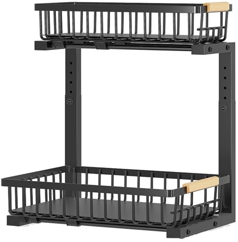 OUUTMEE Küchenschrank Organizer 2 Ebenen, ausziehbares Spülenschrank Regal | Höhenverstellbar 35.5~43cm,für Waschbecken in Küche/Bad Metall,mit Saugnapf