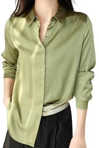 Generisch 2025 Chemisier Femme Chemise Satin Soie Chemise Boutonnée Décontractée Lâche Manches Longues Travail Bureau Longue Edition Blouse Été Femme Blouse Longue, vert, L