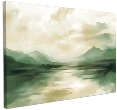 CHDITB Grün Abstrakt Bilder mit Rahmen,Beige und Weiß Landschaft Wandbilder Abstrakt,Neutrales Aquarell Wandkunst,Natur Berg Poster,Berge und Seen Grüne Wanddeko für Wohnzimmer Schlafzimmer(59x39 cm)
