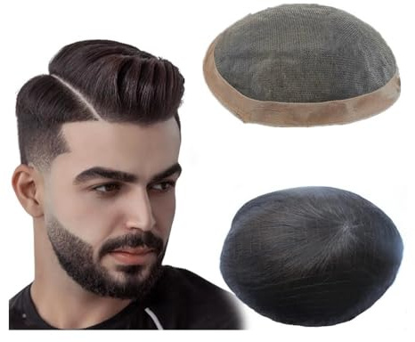 Perücke Männer Toupet for Männer Feines Mono Herren Toupet Echthaar Ersatzsystem Haarprothese Natürliches Schwarzes Haar(6X8)