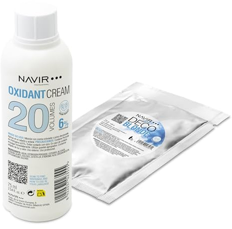 NAVIR Profesional | Pack decoloración cabello | Decoblonde polvo decolorante azul hasta 7 tonos con Keratina + Agua oxigenada en crema | Pelo mujer y hombre (Polvo 25g + Agua 75ml 20 Vol)