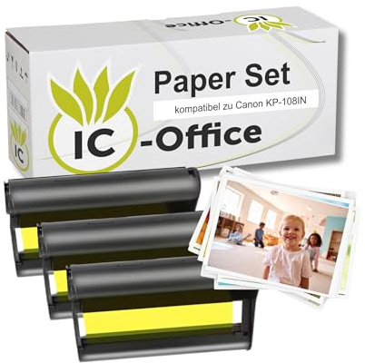 IC-Office Set Fotopapier für Canon Selphy CP1500 Papier KP-108IN 3115B001(AA) CP CP780 CP790 CP810 CP820 CP910 CP1000 CP1200 CP1300 CP1500 Fotodrucker, 108 Blätter 100 x 148mm + 3 Patronen Kartuschen