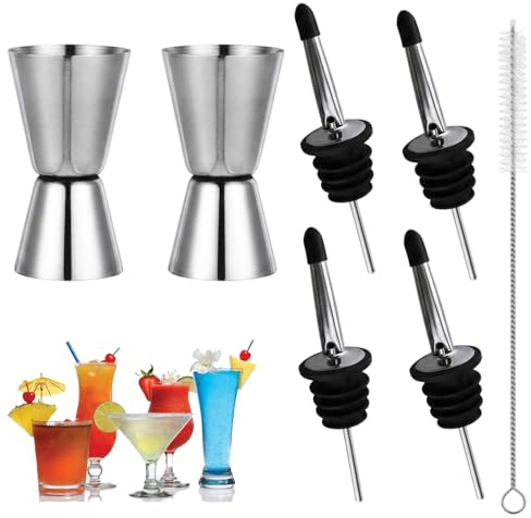 Cocktail Messbecher, Professionelle Barausrüstung, 2 Edelstahl Jigger mit 4 Ausgießern und Reinigungsbürste, Präzise Messlösung für Cocktails und Getränke, Vielseitige Anwendung in Bar und Haushalt