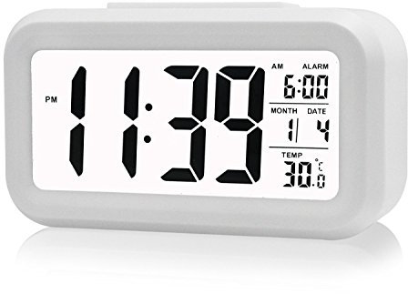 Cisixin LED Alarme Horloge numérique répétition sommeiller activé par la lumière du capteur rétro-éclairage Date Affichage de la température(Blanc)