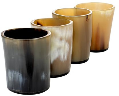 Handicrafts Home Handmade Horn Whisky Shot Glasses, Pack of 4, Handmade Natural Horn Shot Cups, Thick & Sturdy, Rustic Barware Gift for Men, Women, Unique 6.5 oz Natural Viking Drinking Whiskey Shots