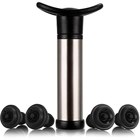 FosFun Pompa Salvavino, Tappi Bottiglie Vino, Tappo Vino Sottovuoto, Kit di Tappi per Vino Sottovuoto, 4 Tappi per Il Vuoto + 1 Pompa per Vino sottovuoto in Acciaio Inox - Nero
