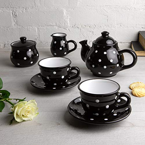 City to Cottage® - Service à Thé Pour Deux | Noir à Pois Blancs en Céramique Fait et Peint à la Main | Petite Théière 750ml 2-3 Tasses, Pot à Lait, Sucrier, Deux tasses et sous tasses