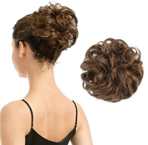BARSDAR 100% Echthaar Haarteil Haargummi，Gelockt Unordentlich Dutt Extensions Echthaar Haarteil Haargummi Hochsteckfrisuren Unordentlicher Haarverlängerung für Damen Mädchen Mittleres Kastanienbraun