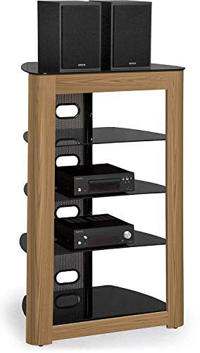Centurion Supports Zinnia 5-Shelf Gloss Black with Mountain Oak Real Wood Veneer Facia Flat Screen TV/Hi-Fi/AV Rack Glass Stand