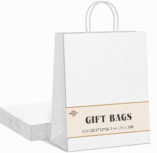 Switory Sac de papier kraft Switory 100pc avec poignées, 20x12x26,5cm sac cadeau shopping blanc avec poignées torsadées pour les cadeaux, emballage, personnalisation, transport, vente au détail
