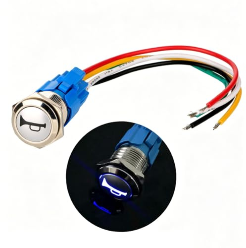 Gebildet 12V-24V/5A 16mm Précâblé Momentané Klaxon Bouton Poussoir Etanche Métal De Bouton avec Bleu LED
