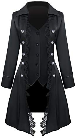 Feynman dam steampunk frack gotisk kappa med spets, dam barock viktoriansk treknäppt vintage medeltida jacka uniform svart XXL