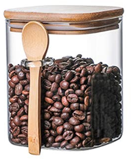 YISPIRIN (1000ml/35.2fl oz Square Glass Sealed Storage Jar with Wooden Spoon Coffee Beans Box Large Capacity Food Container Transparent Grain Cereals Tank