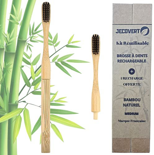 JECOVERT By amazon – Brosse à Dent Bambou Rechargeable – Souple, Tète Changeable Bois – Brosses à Dents Ecologique tète remplaçable- Cadeaux Adulte Ecolo Charbon Bamboo – Lot 1 Brosse à Dent + 1 Tète