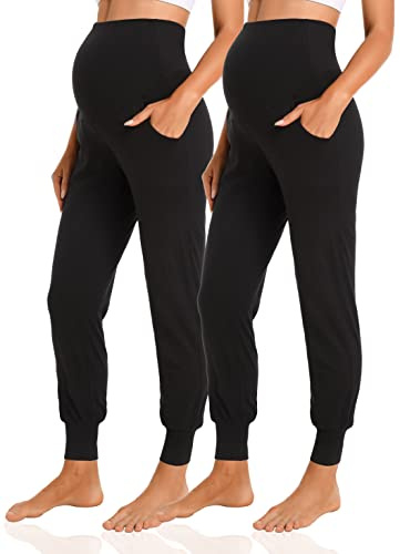 V VOCNI Women's Maternity Pants Maternity Activewear Jogger Track Cuff Sweatpants Over The Belly Stretchy Pregnancy Pants Black&Black,Large