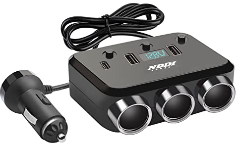 NDDI POWER Cigarette Lighter Splitter, 12V/24V 3-Socket Vehicles Adapter with QC 3.0A Dual USB and PD Type-C Cigarette Lighter Adapter, LED Display Voltage, Upgraded Separate On Off Switch