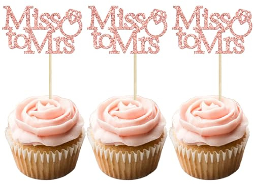 Gyufise 24 Stück Gold Glitzer Miss to Mrs Cupcake Toppers mit Ring Brautdusche Cupcake Picks Hochzeit Verlobung Geburtstag Party Kuchen Dekorationen Zubehör