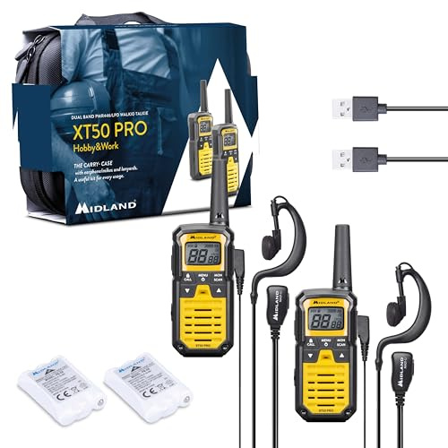 Midland XT50 Pro Hobby & Work C1464.01 - Talkies Walkies PMR 446 et LPD, 85 canaux et 121 sous-canaux, Fonction VOX, portée jusqu'à 8 km, autonomie de 12 Heures, IPX2 (Lot de 2)