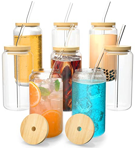 Finew [8 Packs] Drinking Glasses with Bamboo Lids and Glass Straws, 16oz Iced Coffee Cup, Can Shaped Glasses Cups, Smoothie Cup, Glasses Tumbler for Beer, Cocktail, Tea, Milkshake, Transparent | 8 Set 480ML Iced Coffee Cup,Can Shaped Glasses Cups,Smoothie Cup,Glasses Tumbler for Beer,Cocktail,Tea,Milkshake, Transparent