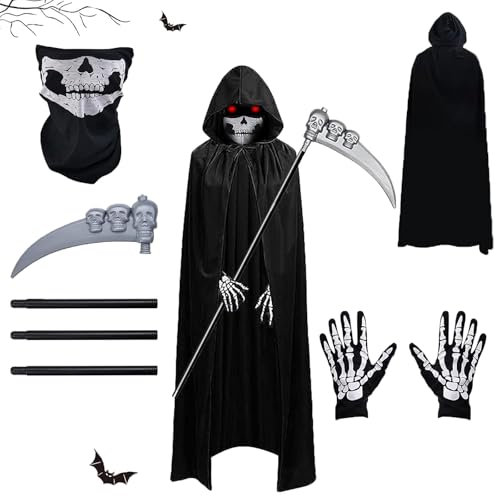 AOMAIGAD Halloween Disfraz de Parca, Disfraz de Parca, Disfraz de Grim Reaper con Sombrero, Guantes, Hoz, Disfraz de Muerte,para Halloween Fiesta Carnival Costume Cosplay (Adulto-A)
