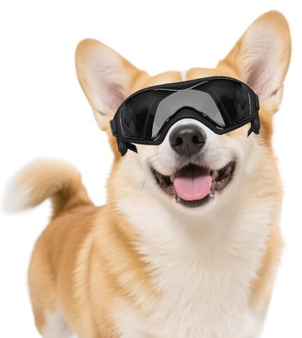 Billionchains Dog Goggles Dog Sunglasses for Medium Breed UV Protection Windproof with Adjustable Head Straps Chin Straps for Ride Car/Hiking Travel/On Beach-Black