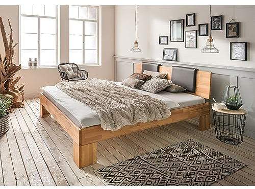 Lomadox 200x200 cm Schlafzimmer Massivholz Bettgestell Doppelbett Schlafzimmerbett in Wildeiche massiv mit Rückenkissen aus Kunstleder in Mokka, B/H/T: ca. 206/88/213 cm
