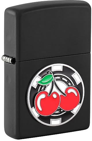 Zippo Briquet Tempête - Poker Chip & Cherries - Noir Mat, Emblème - Rechargeable - Réutilisable - Design Coupe-Vent - Coffret Cadeau - Fabriqué aux États-Unis