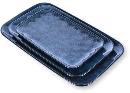 vicrays Ceramic Rectangle Serving Platters - 14 12 10 Porcelain Serving Trays Plates for Party BBQ Appetizers Sushi Dessert - Microwave Oven and Dishwasher Safe - Set of 3 Blue