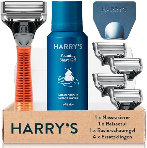 Harry's Nassrasierer für Männer - Set mit Orangefarbenem Griff, 4 Ersatzklingen, Reise-Klingen-Cover und 60ml Rasiergel
