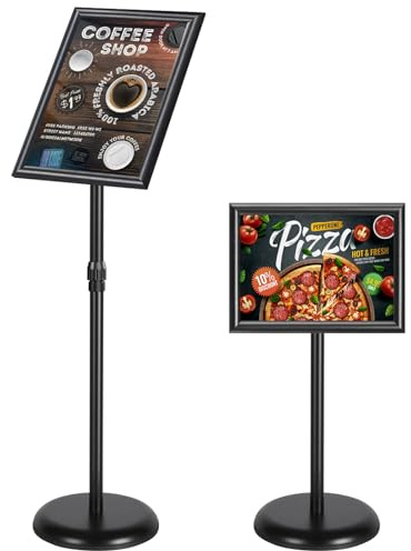 WenYa A4 Sign Holder, Aluminium Poster Stand with Stable Round Base, Black | A4 Size Interchangeable Advertising Stand, Adjustable Floor Display for Restaurant Shopping Mall Showroom Hotel Office School