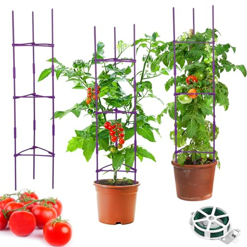 Tomatenstütze, verstellbar, 117 cm, 3 Stück, violett, Gartenstütze, Pflanzenständer, Klettern, 6 Krallen, Verbindungsstäbe, Drahtstütze für Kletterpflanzen, Rankhilfe, Gemüse, Blumen, Früchte