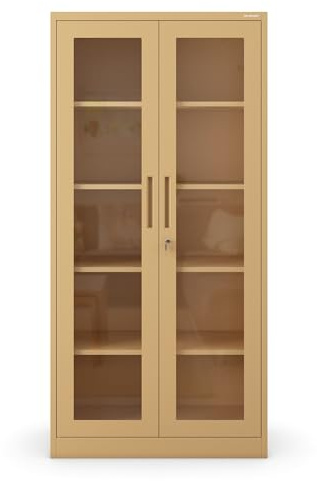 Jan Nowak Metallschrank mit Glasvitrine Aktenschrank Büroschrank Aufbewahrungsschrank 4 verstellbare Fachböden Sicherheitszylinderschloss Pulverbeschichtung 185 cm x 90 cm x 40 cm (Beige)